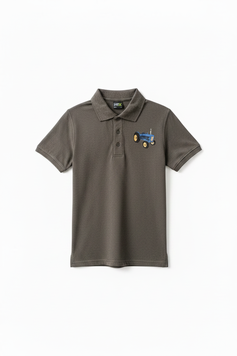 Charcoal polo shirt with embroidered blue tractor