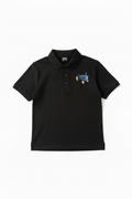 Black polo shirt with embroidered blue tractor