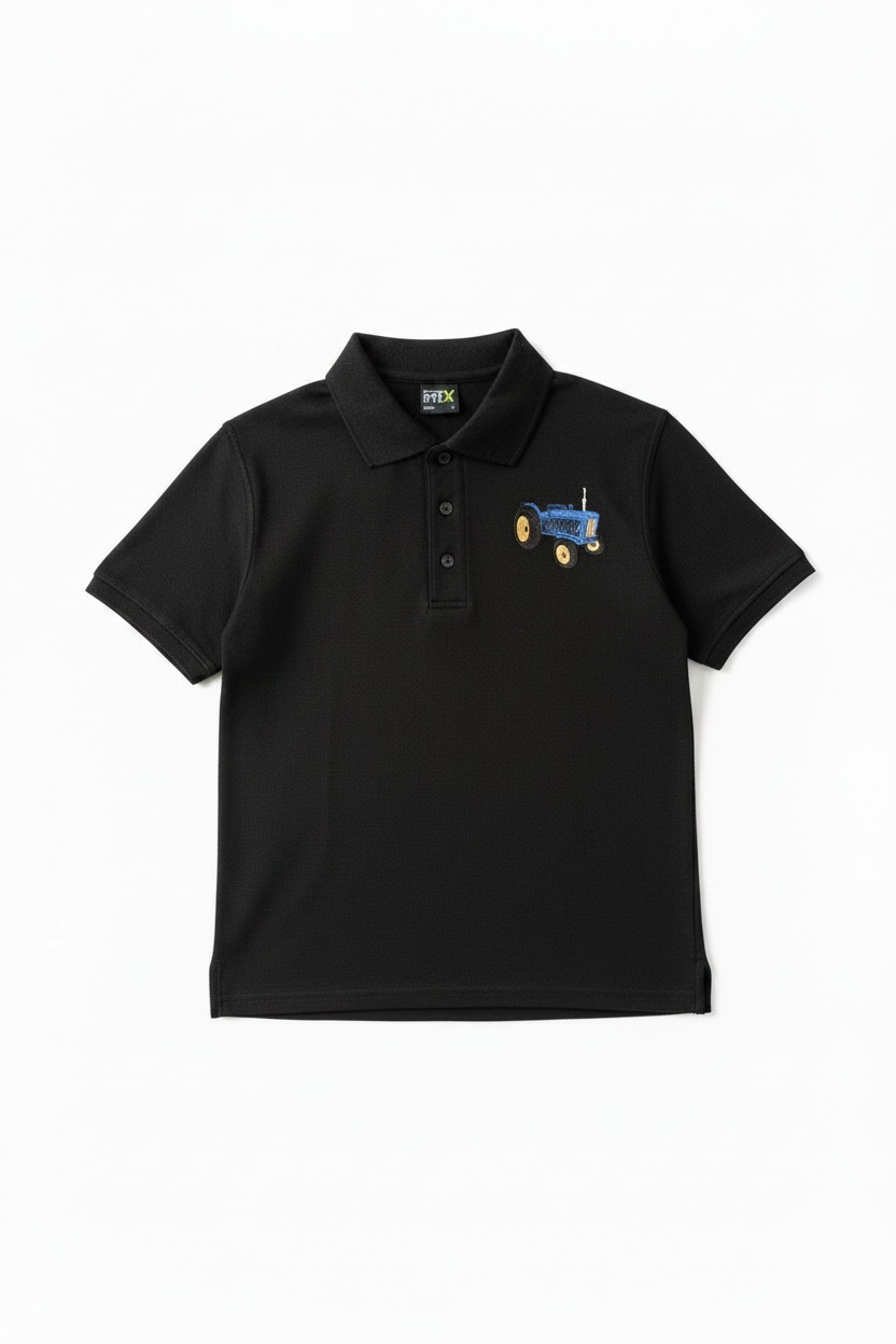 Black polo shirt with embroidered blue tractor