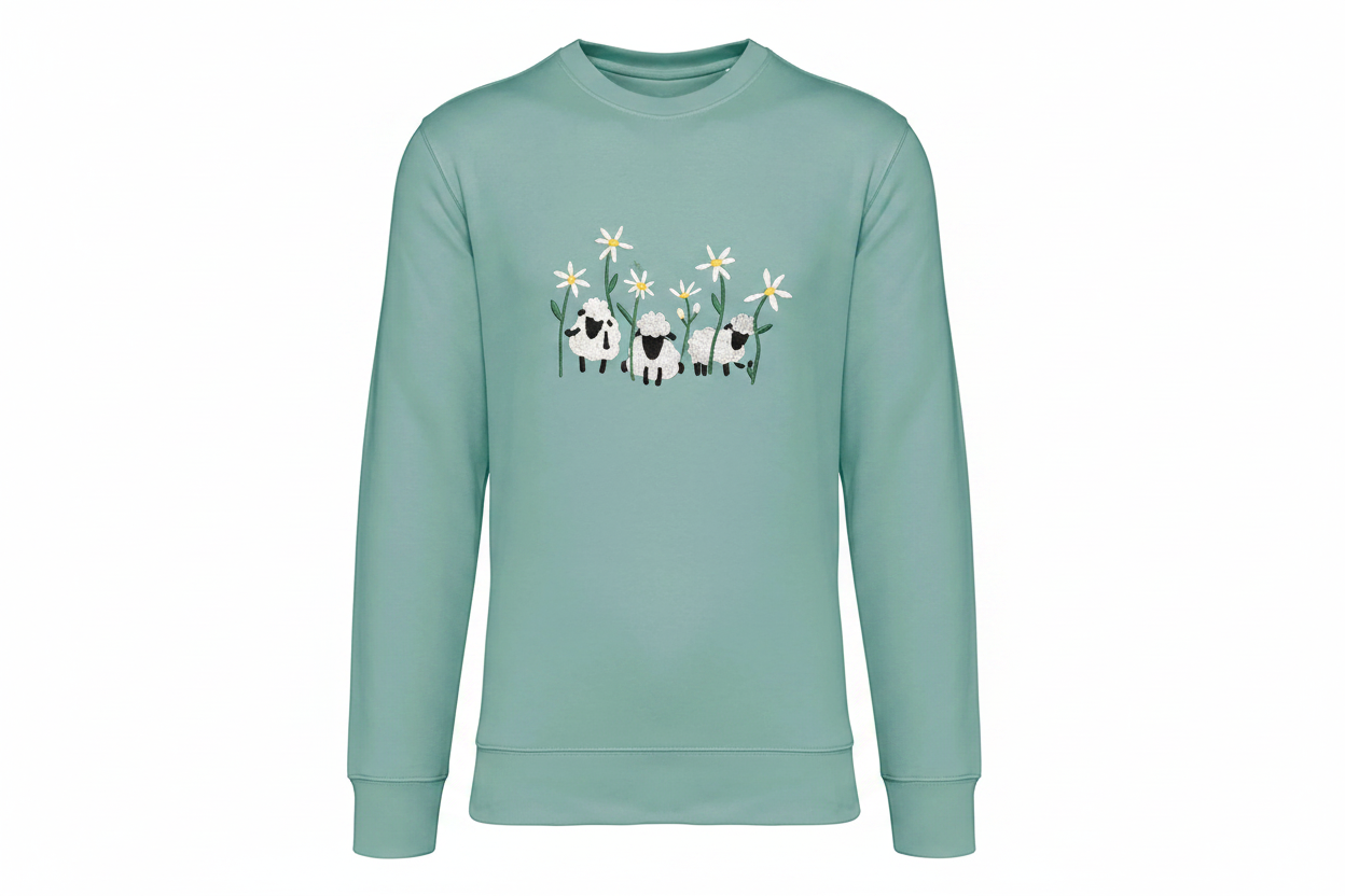 Jade Green Sweatshirt with Embroidered Sheep Design