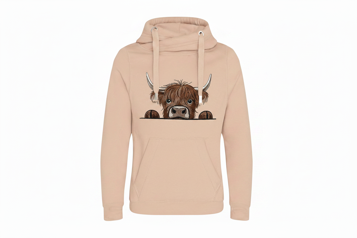 Sand Hoodie with Larger Centred Highland Cow Embroidery